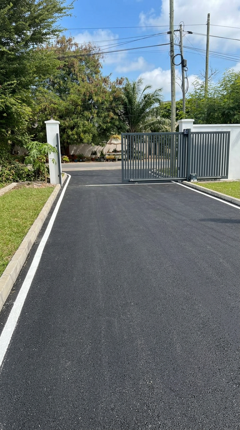 Visualisation of an automated sliding gate with a smooth concrete road driveway and kerbs