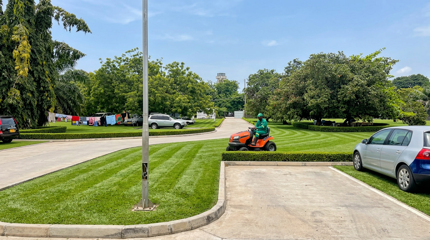 Visualisation of a neatly mown striped lawn with a worker riding an orange lawn mower