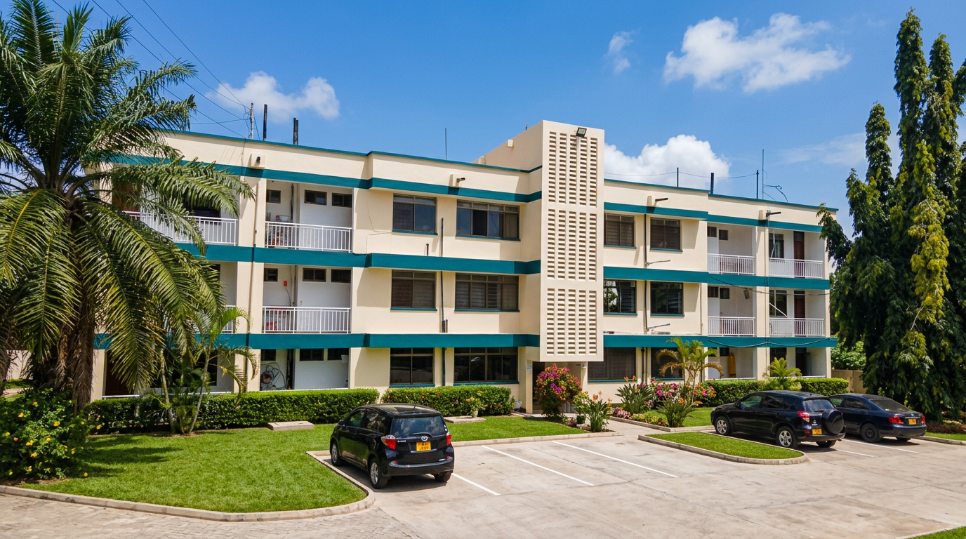 Visualisation of the old block repainted in cream and teal with a green lawn and paved parking
