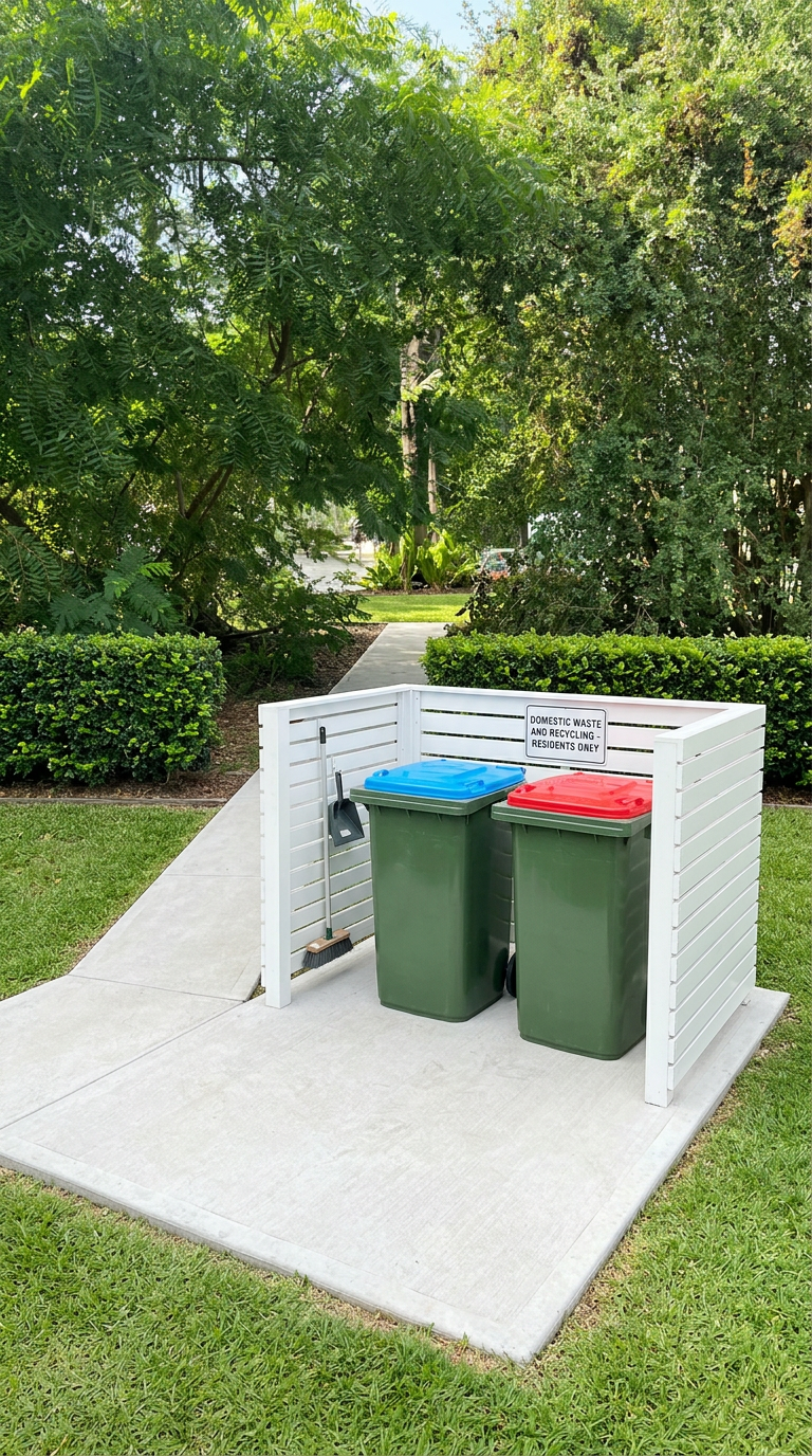 Visualisation of a paved bin enclosure with tidy wheelie bins and a paved access path