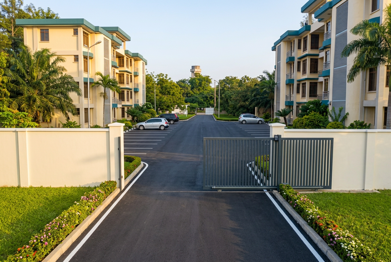 Improved SBT Apartments compound: automated sliding gate, concrete access road, repainted apartment blocks and manicured lawn